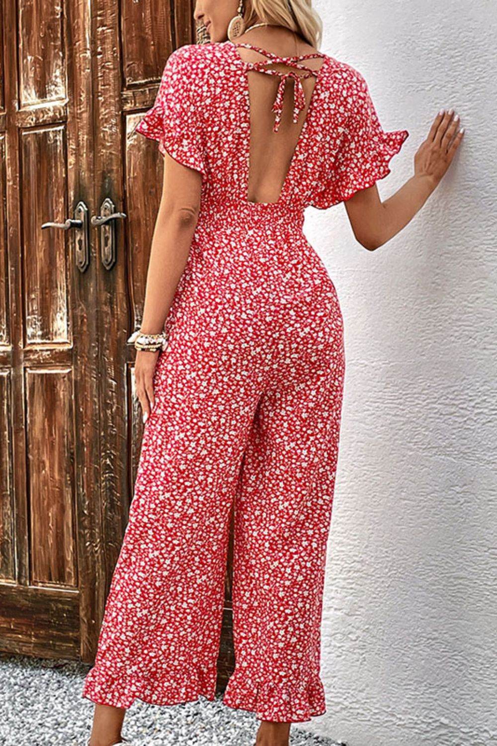 Perfee Printed Tie Back Ruffled Jumpsuit - Selvanelle