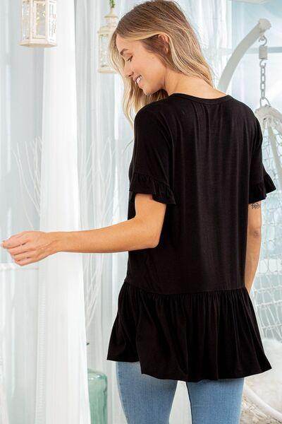 Heimish Full Size Ruffled V-Neck Short Sleeve Blouse Plus Size - Selvanelle