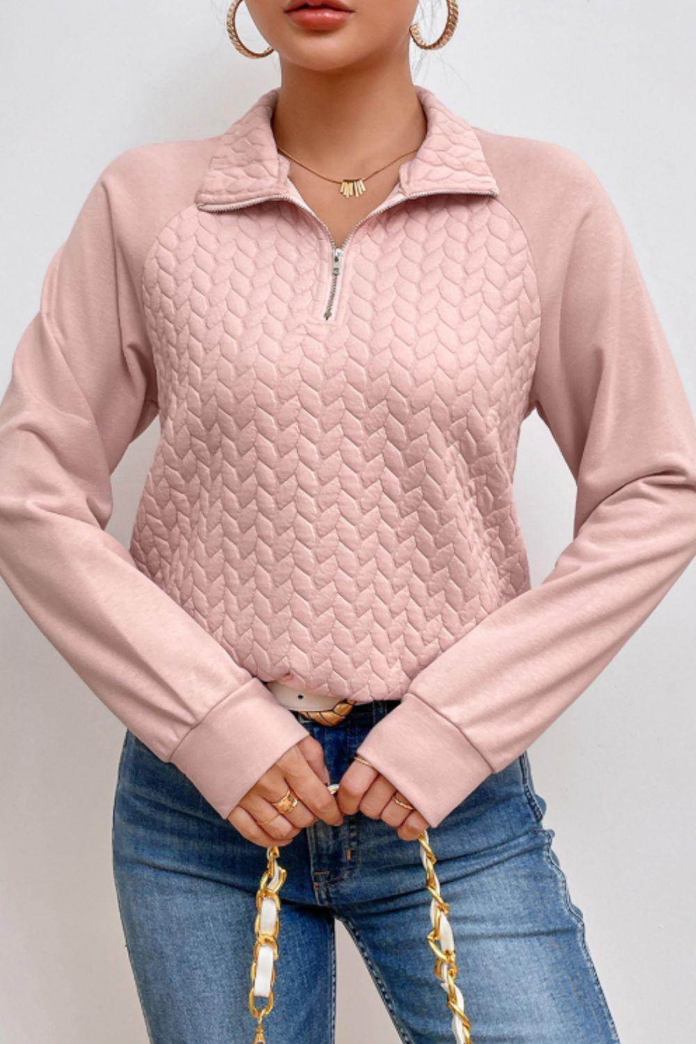 Textured Quarter Zip Long Sleeve Sweatshirt for Women - Selvanelle