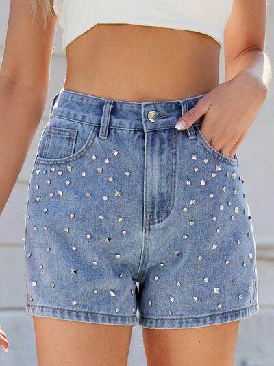 Rhinestone Washed High Waist Denim Shorts for Women - Selvanelle