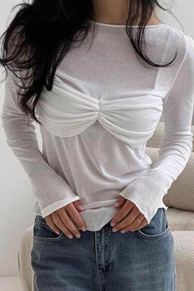 Ruched Round Neck Long Sleeve Blouse for Women Fashion - Selvanelle