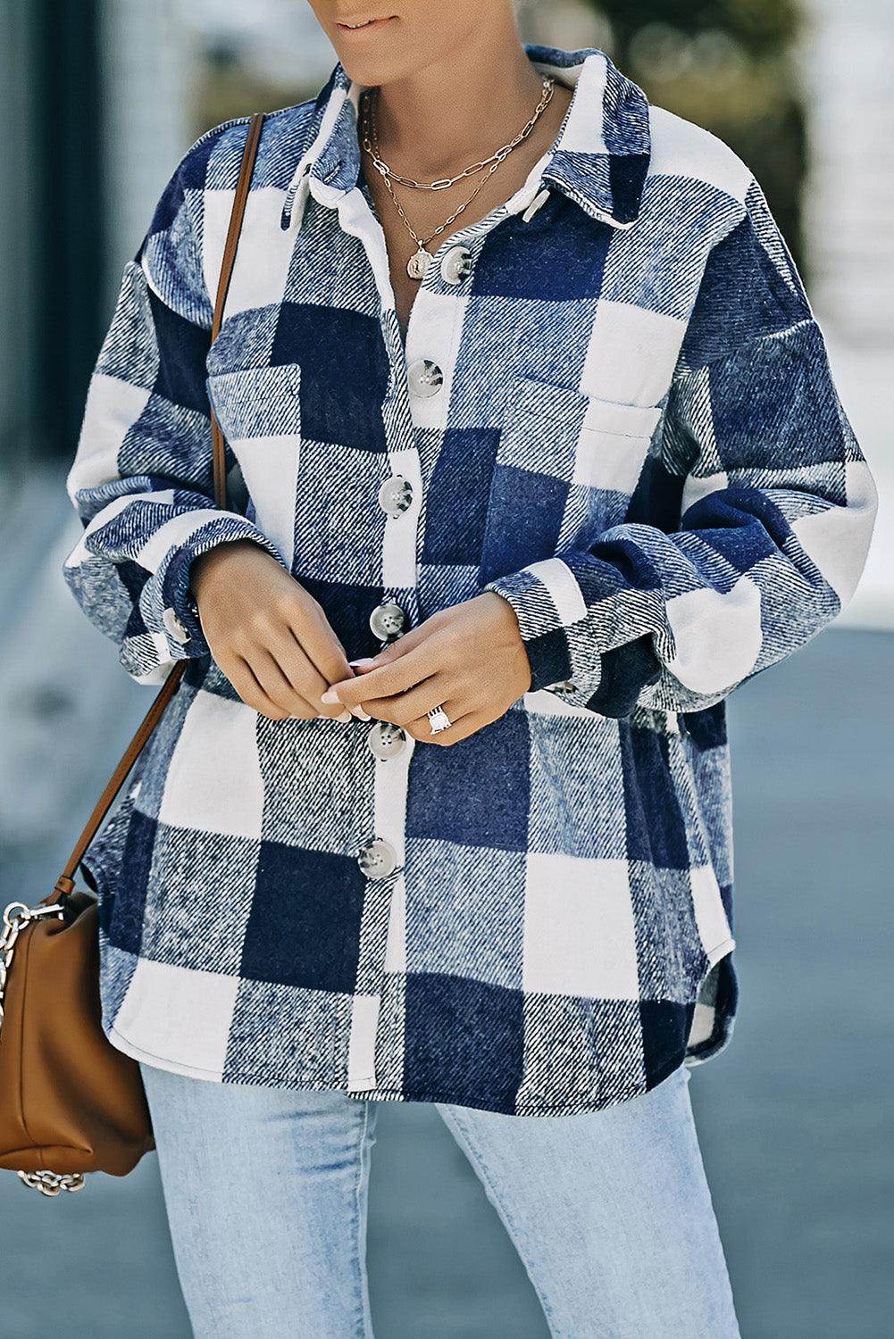 Plaid Button Up Dropped Shoulder Jacket for Women Stylish - Selvanelle