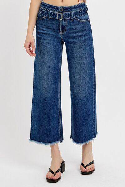 RISEN Raw Hem Wide Leg Attached Buckle Jeans for Women - Selvanelle