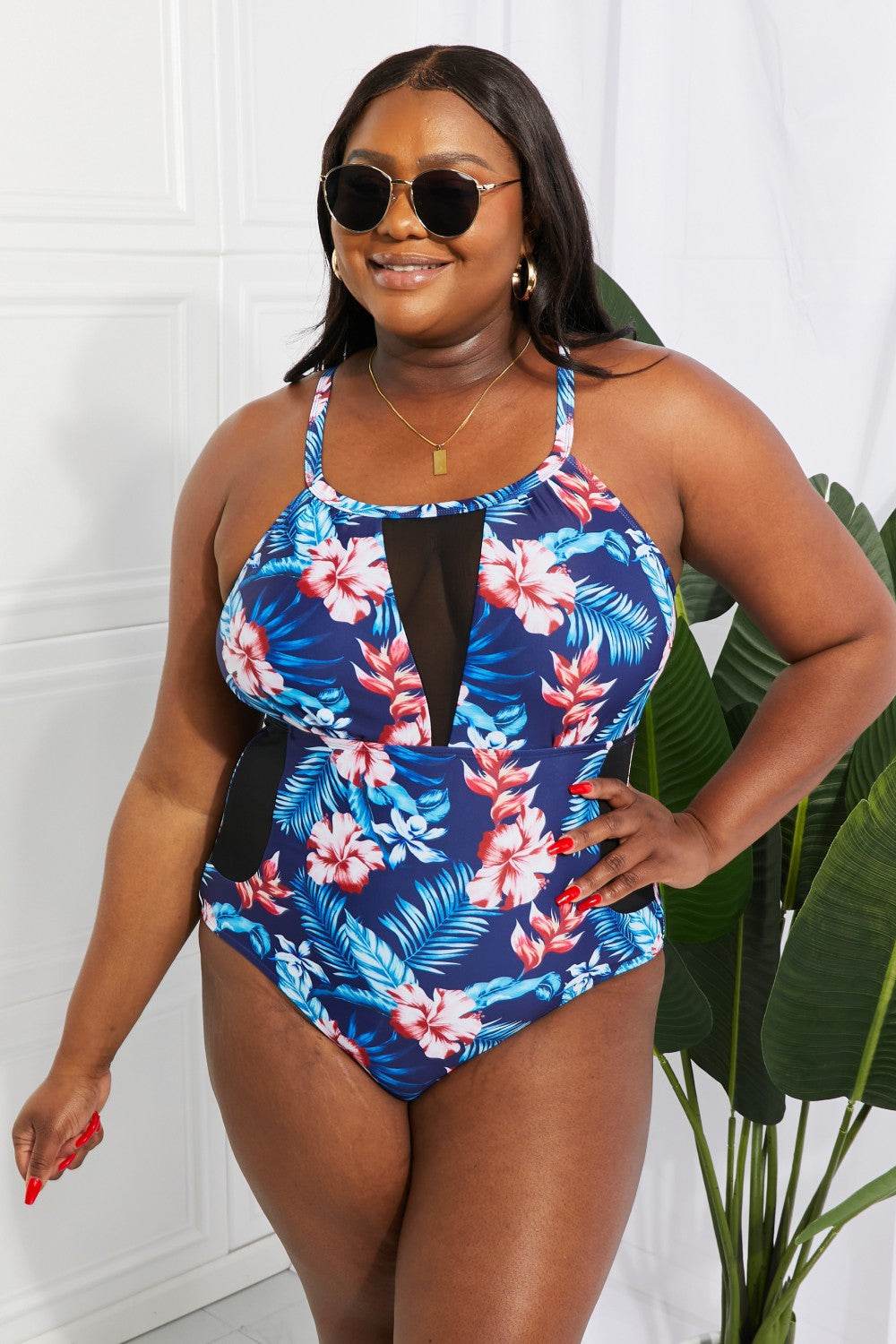 Floral Crisscross Spliced Mesh One-Piece Swimsuit - Selvanelle