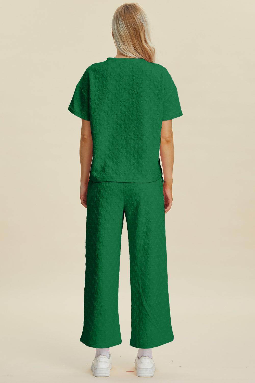 Double Take Full Size Texture Round Neck Top and Pants Set - Selvanelle