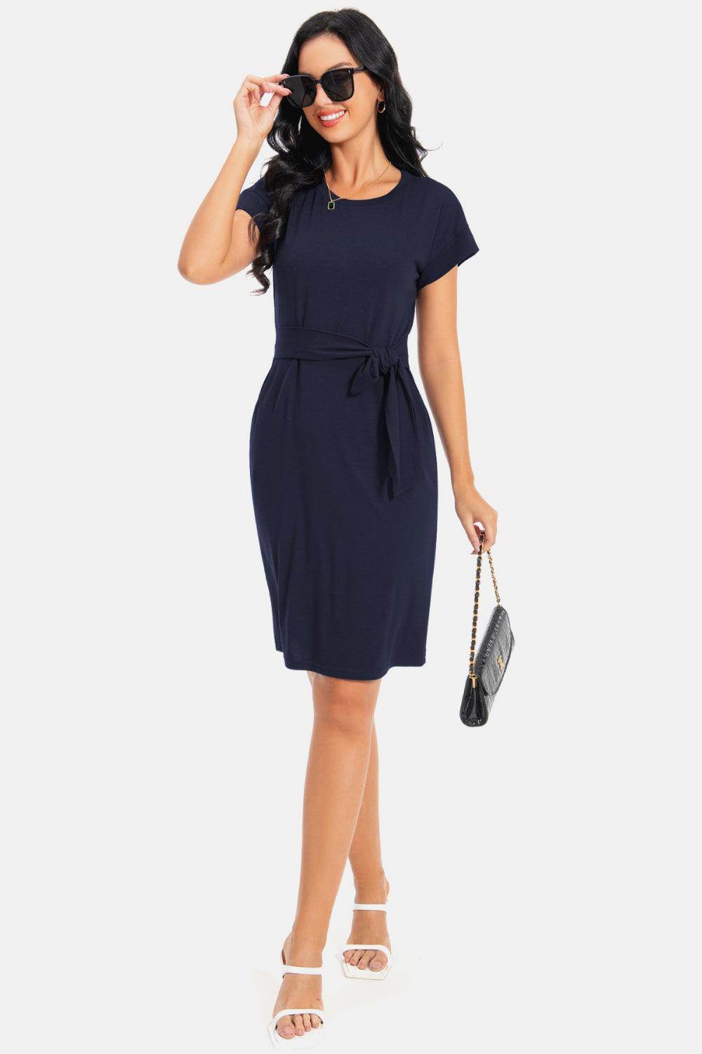 Tie Front Round Neck Short Sleeve Dress for Women - Selvanelle