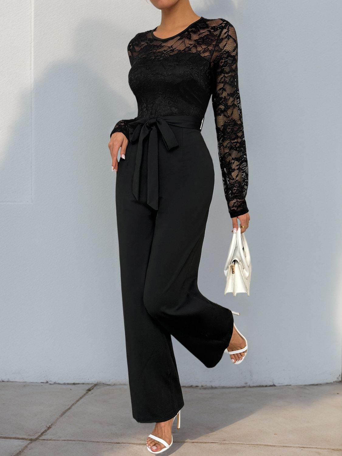 Perfee Lace Round Neck Long Sleeve Jumpsuit - Selvanelle
