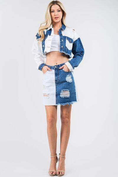 American Bazi Contrast Patched Frayed Denim Distressed Skirts - Selvanelle