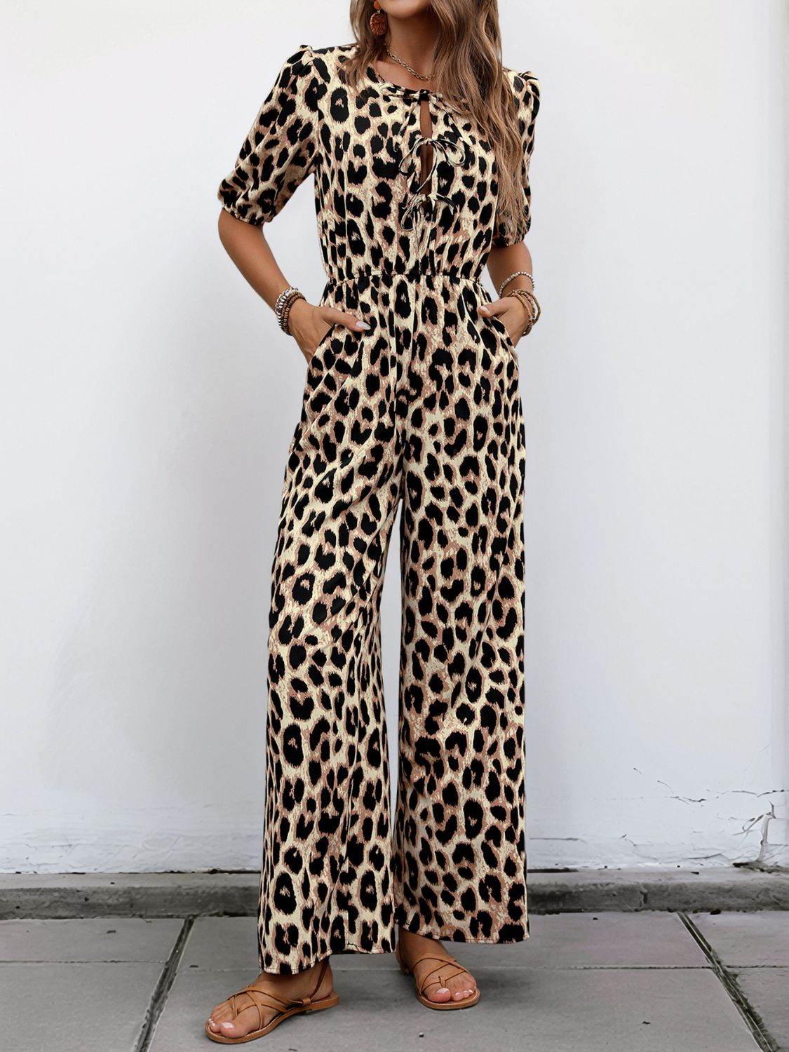 Perfee Tied Leopard Half Sleeve Jumpsuit - Selvanelle
