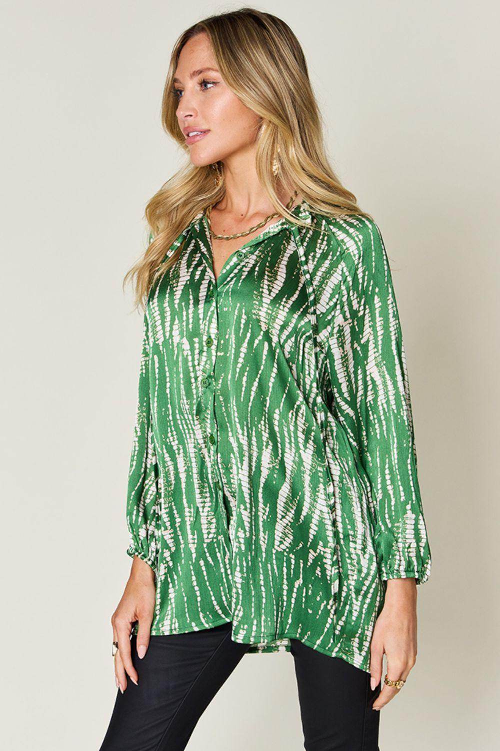 Double Take Full Size Printed Button Up Long Sleeve Shirt - Selvanelle