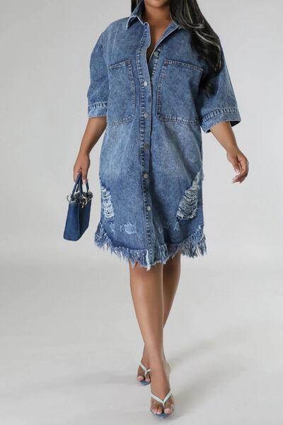Distressed Raw Hem Button Up Denim Dress for Women - Selvanelle