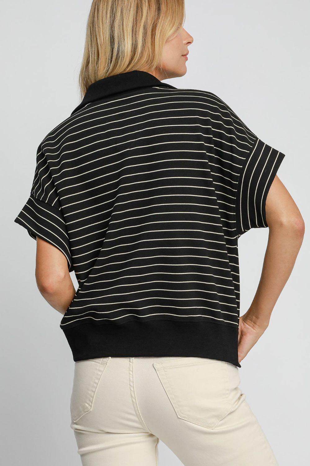 Umgee Striped Half Zip Short Sleeve Sweatshirt for Women - Selvanelle