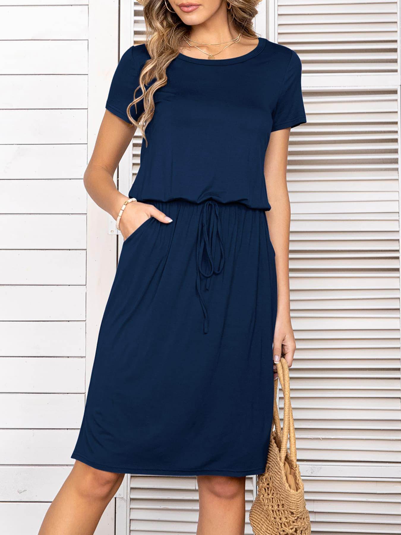 Round Neck Short Sleeve Slit Dress with Pockets for Women - Selvanelle
