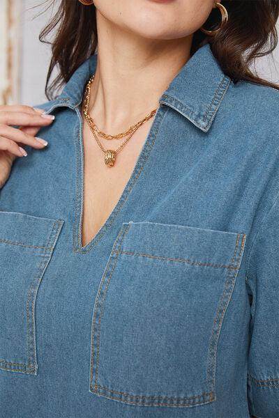 Stylish Pocketed Collared Neck Mini Denim Dress for Women - Selvanelle