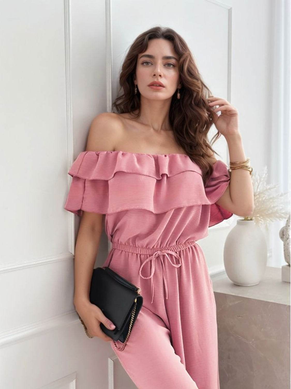 Ruffled Off Shoulder Wide Leg Jumpsuit - Selvanelle