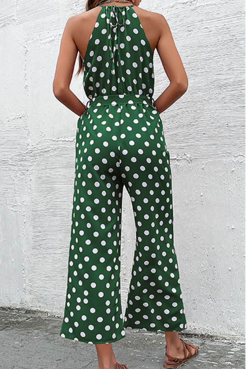Perfee Polka Dot Grecian Wide Leg Jumpsuit - Selvanelle