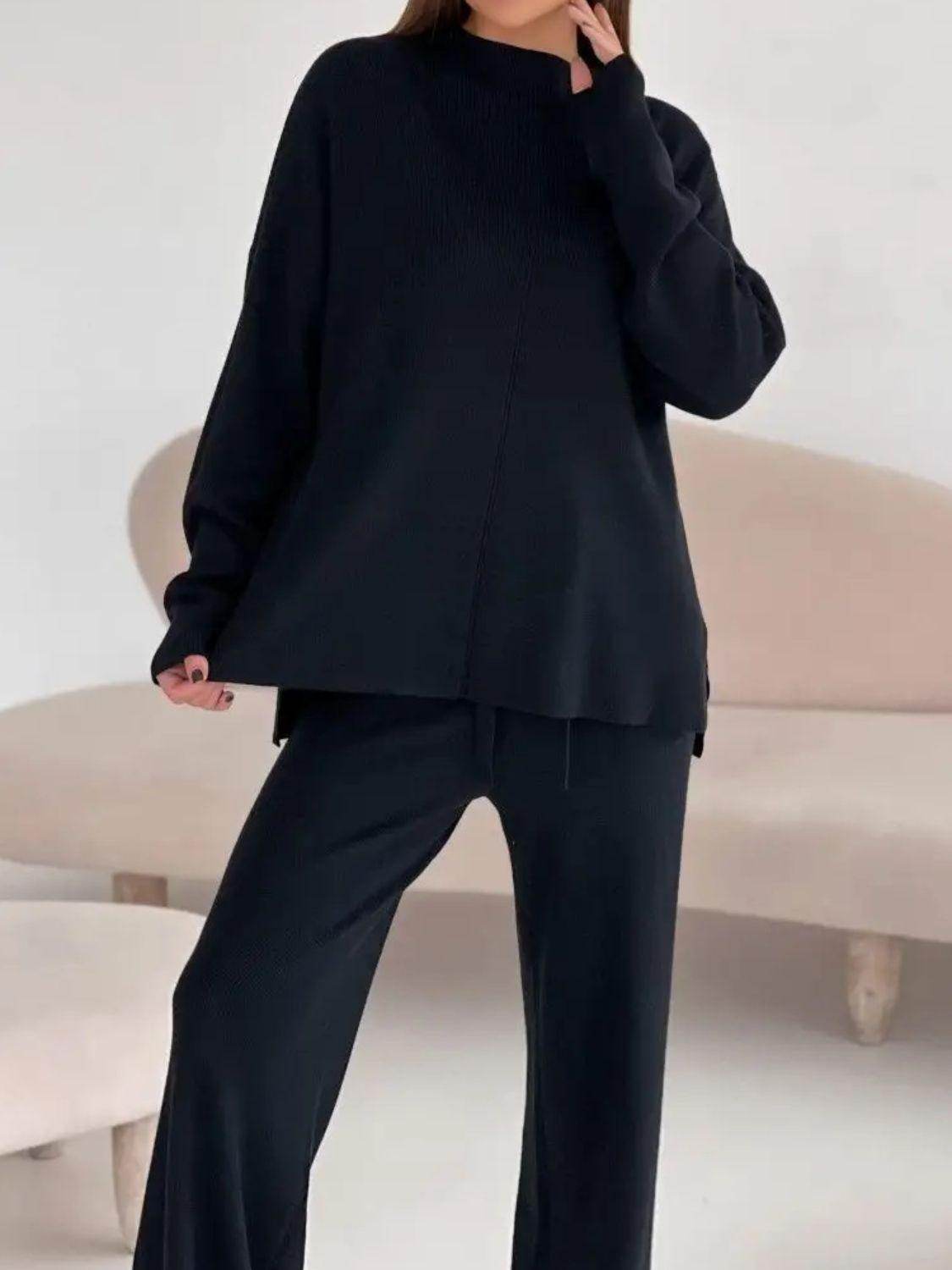 Slit Mock Neck Top and Pants Sweater Set for Women - Selvanelle