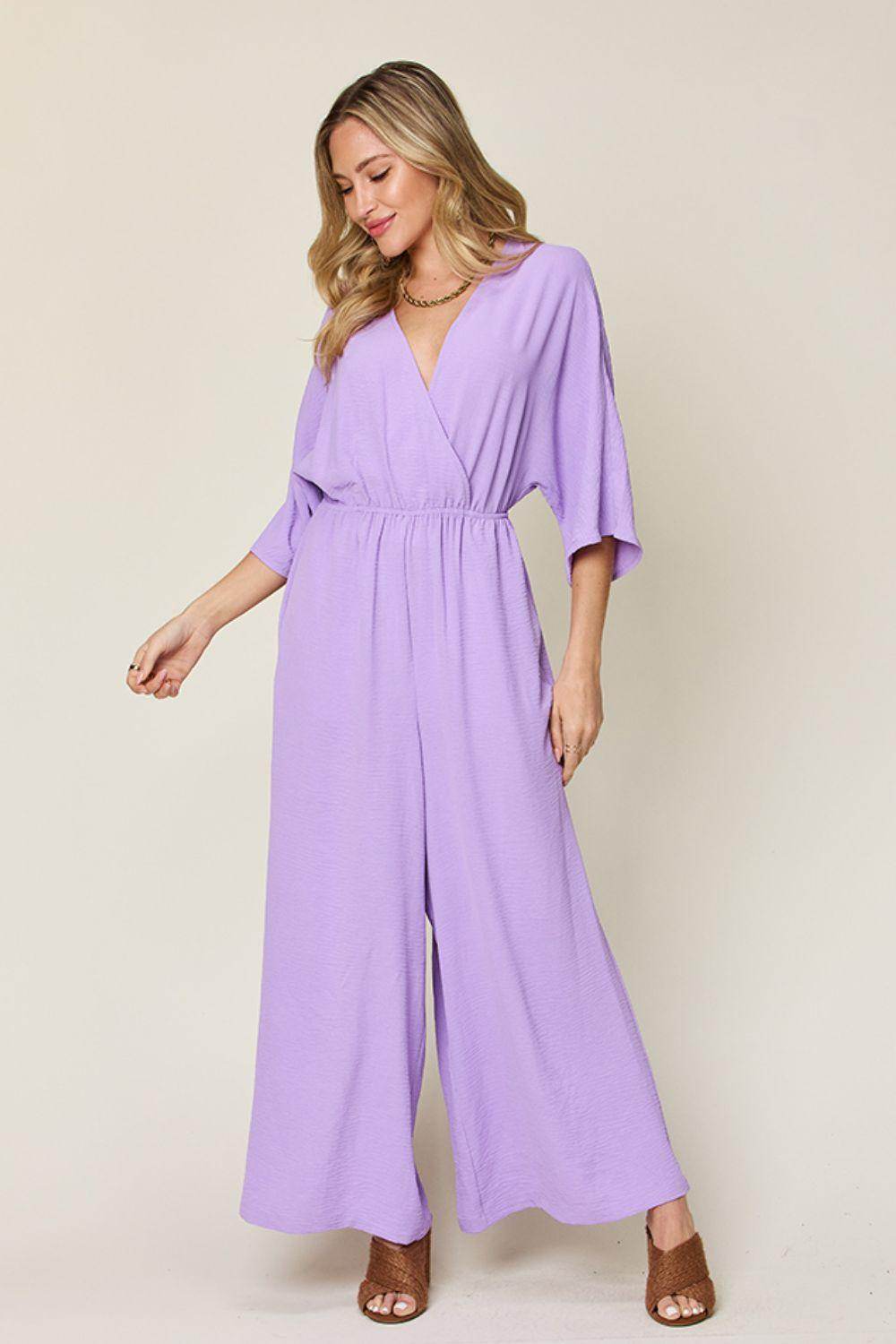 Double Take Full Size Surplice Wide Leg Jumpsuit with Pockets - Selvanelle