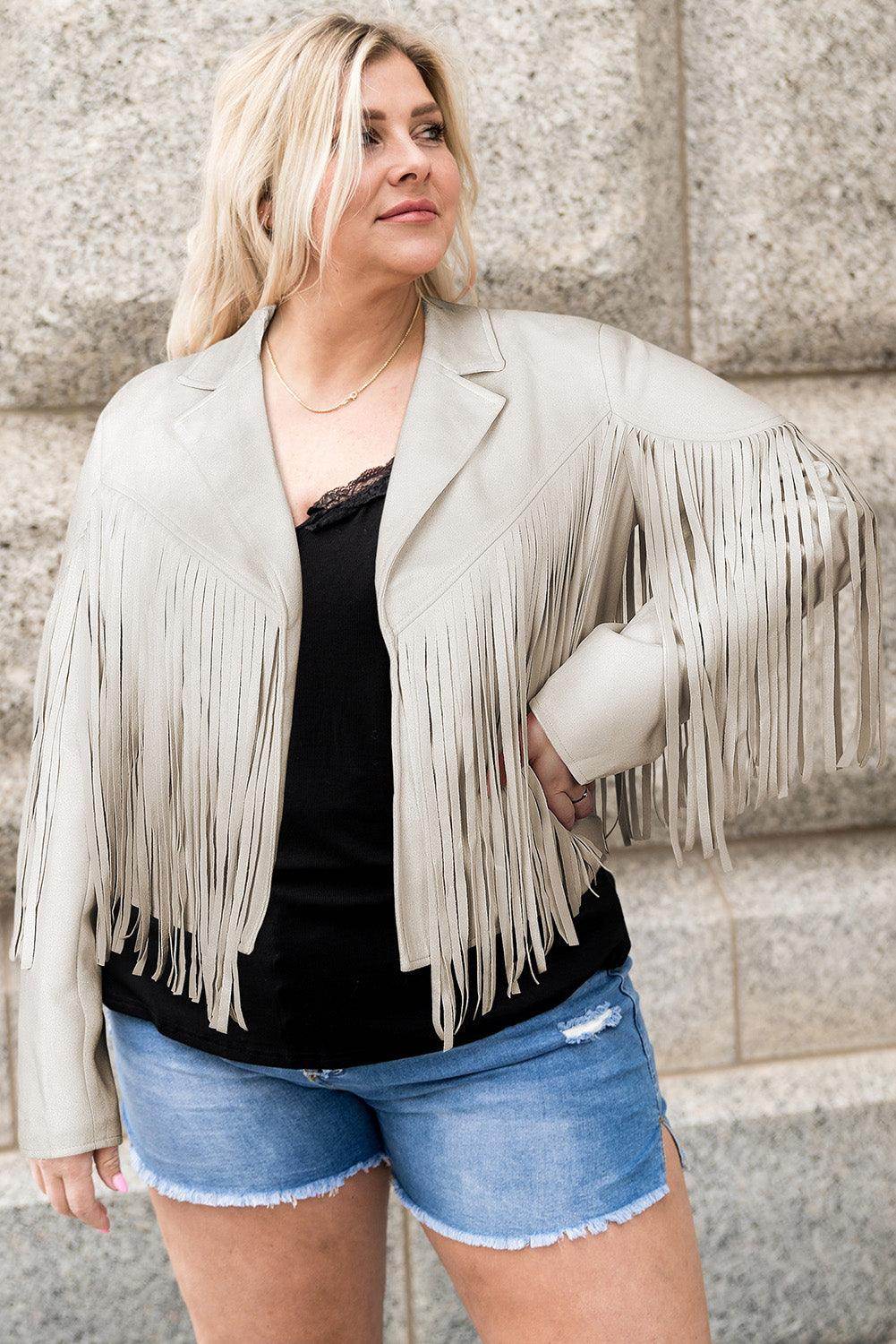 Plus Size Fringe Open Front Jacket for Stylish Layering - Selvanelle