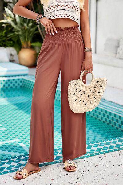 Devine Smocked Wide Leg Pants with Pockets for Women - Selvanelle