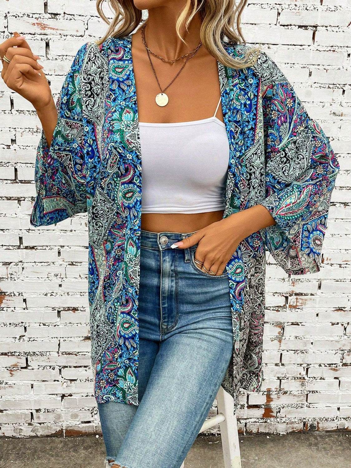 Printed Open Front Three-Quarter Sleeve Cover Up - Selvanelle