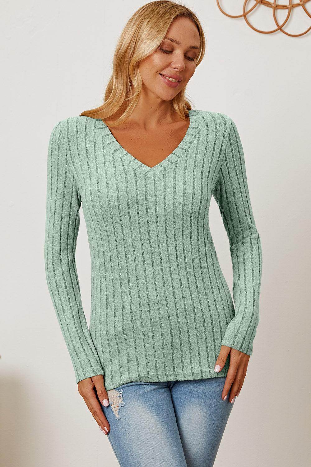 Basic Bae Full Size Ribbed V-Neck Long Sleeve T-Shirt - Selvanelle
