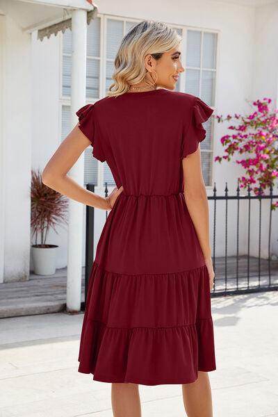 Ruched Notched Cap Sleeve Dress with Pockets and Stretch - Selvanelle