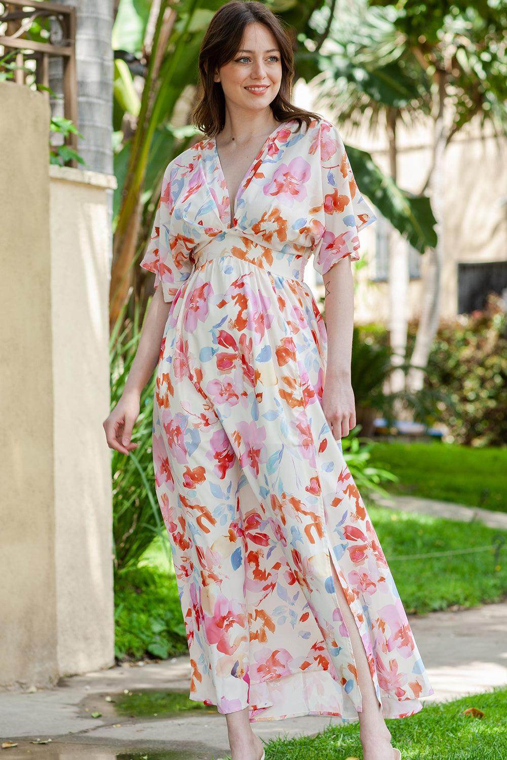 Floral Deep V Slit Maxi Dress for Chic Summer Style - Selvanelle