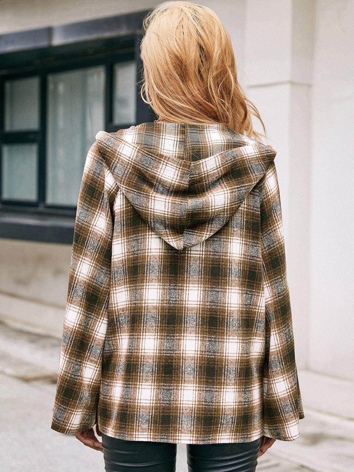 Ivy Lane Pocketed Plaid Long Sleeve Hooded Jacket for Women - Selvanelle