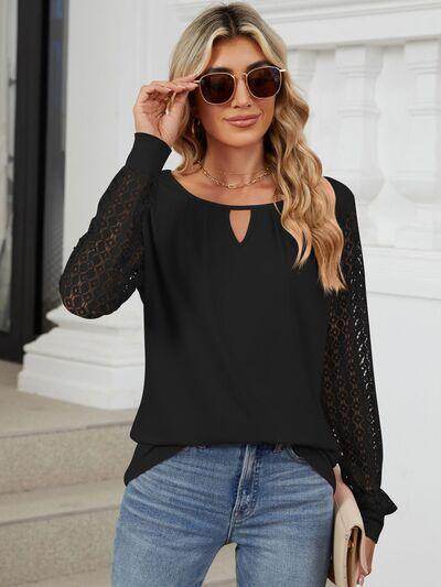 Cutout Round Neck Long Sleeve T-Shirt with Lace Detail - Selvanelle