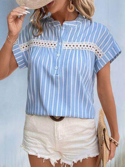 Perfee Half Button Striped Short Sleeve Blouse for Women - Selvanelle