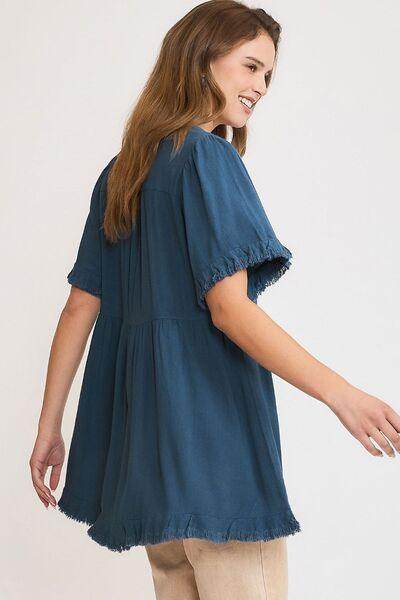 Umgee Full Size Raw Hem Notched Babydoll Linen Blouse Plus Size - Selvanelle