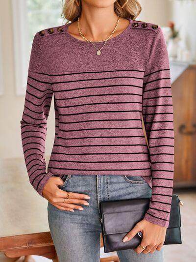 Lovelet Striped Round Neck Long Sleeve T-Shirt for Women - Selvanelle