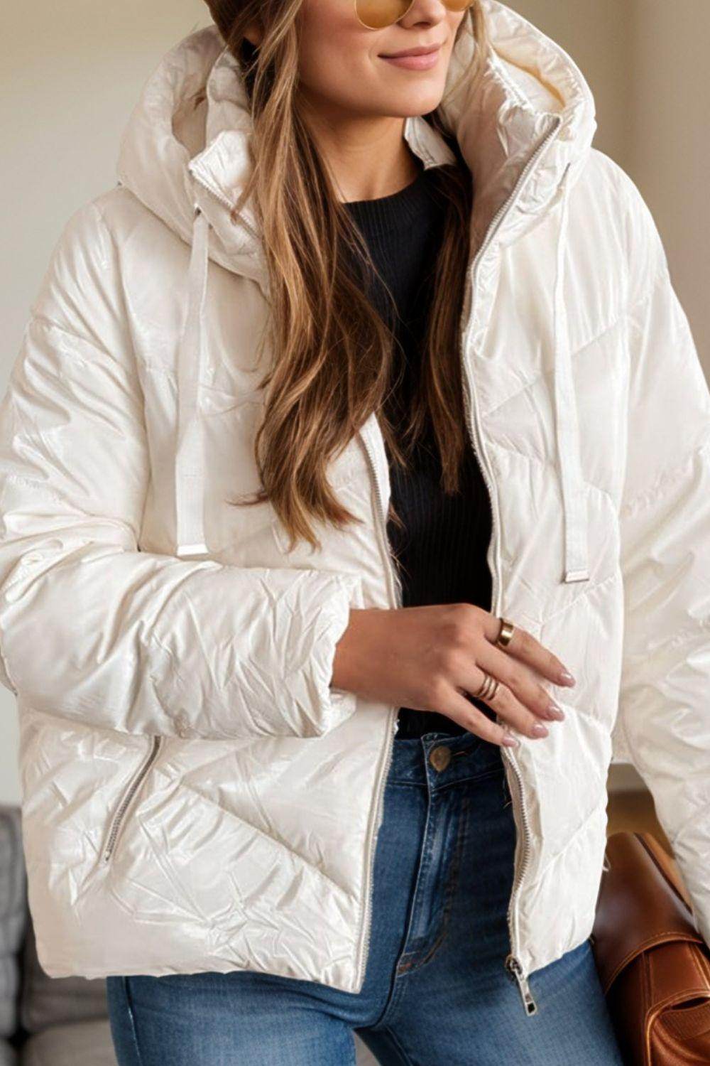 Drawstring Zip Up Long Sleeve Hooded Winter Coat for Women - Selvanelle