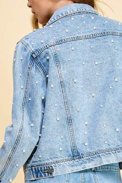 Veveret Button Up Pearl Detail Long Sleeve Denim Jacket - Selvanelle