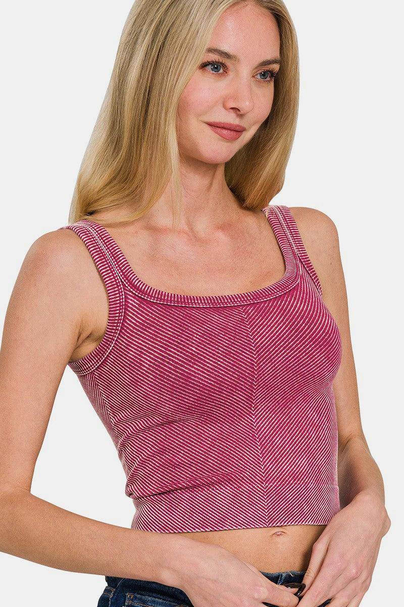 Zenana Washed Ribbed Scoop Neck Wide Strap Tank Top - Selvanelle
