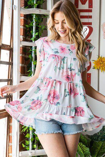 Heimish Full Size Butterfly Short Sleeve Floral Tiered Top - Selvanelle