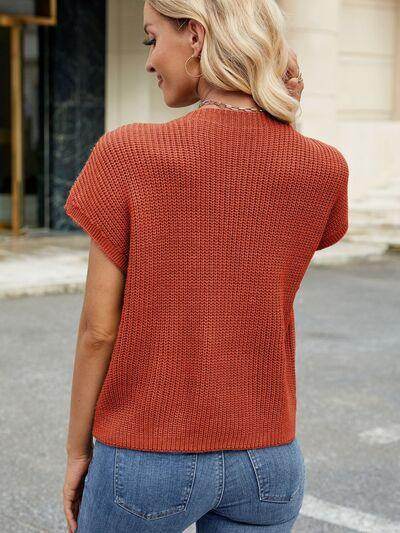 Round Neck Short Sleeve Sweater with Pocketed Stretch - Selvanelle