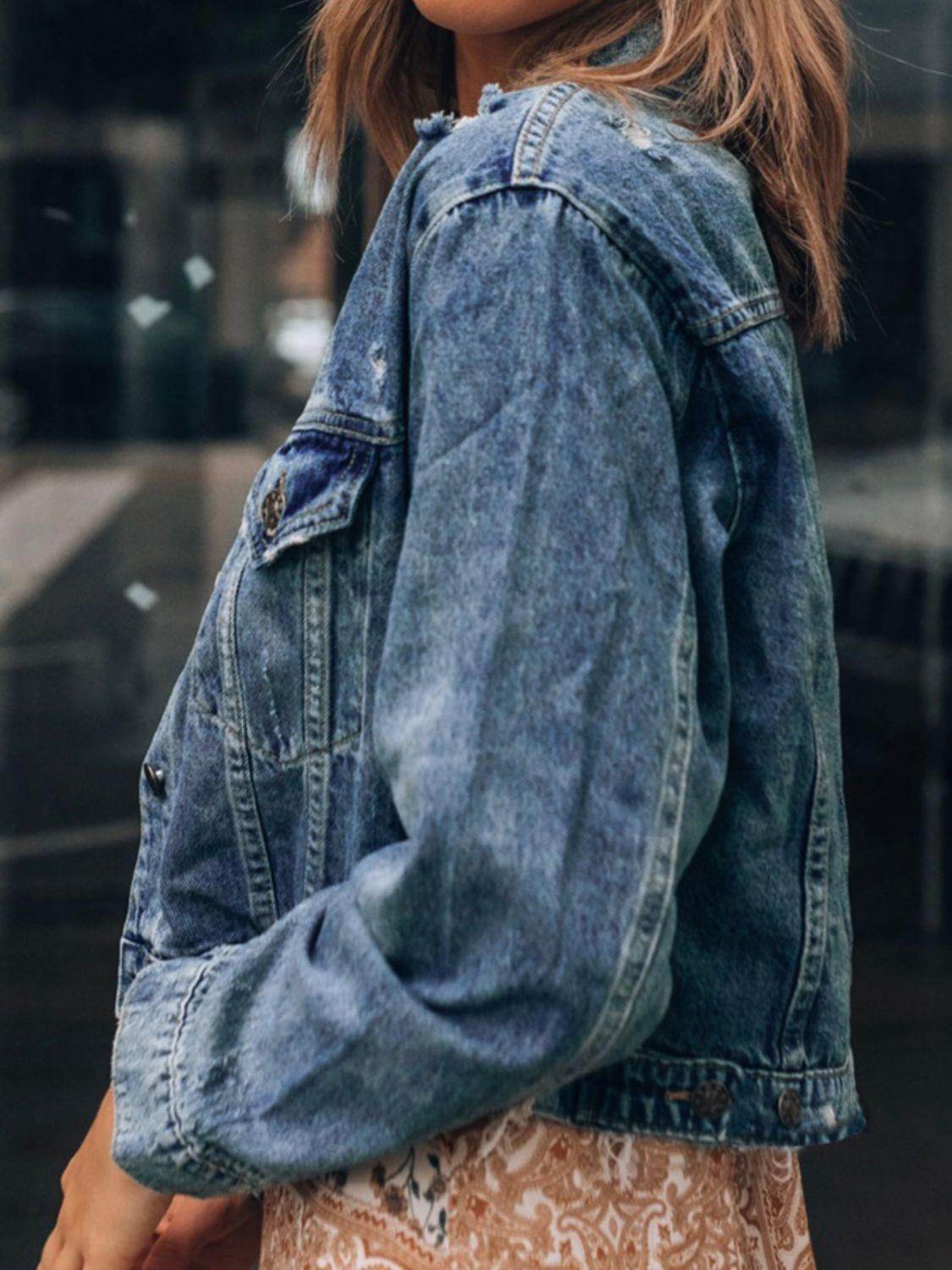 Button Up Collared Neck Distressed Denim Jacket for Women - Selvanelle