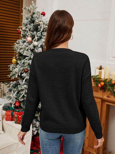 Sequin Candy Cane Round Neck Long Sleeve Sweater for Women - Selvanelle