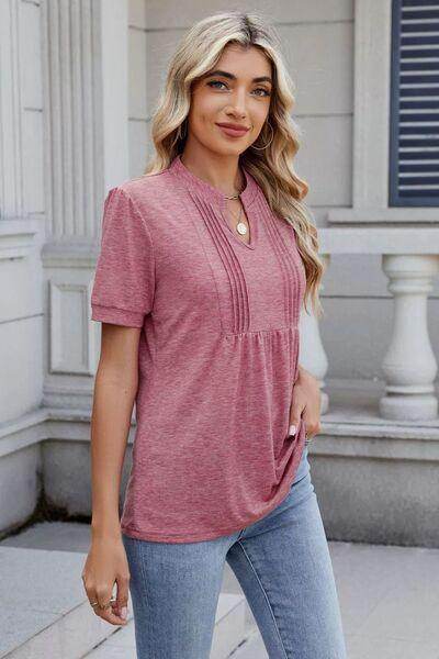 Notched Short Sleeve Solid Color Top for Everyday Style - Selvanelle