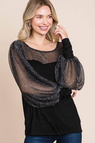 Super Lady Full Size Metallic Mesh Lantern Sleeve Blouse - Selvanelle