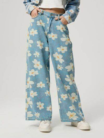 Pocketed Floral Wide Leg Jeans for Stylish Comfort - Selvanelle
