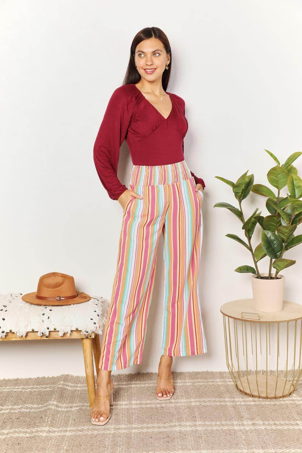 Double Take Striped Smocked Waist Pants with Pockets Stylish - Selvanelle
