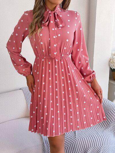 Polka Dot Tie Neck Pleated Dress for Stylish Occasions - Selvanelle