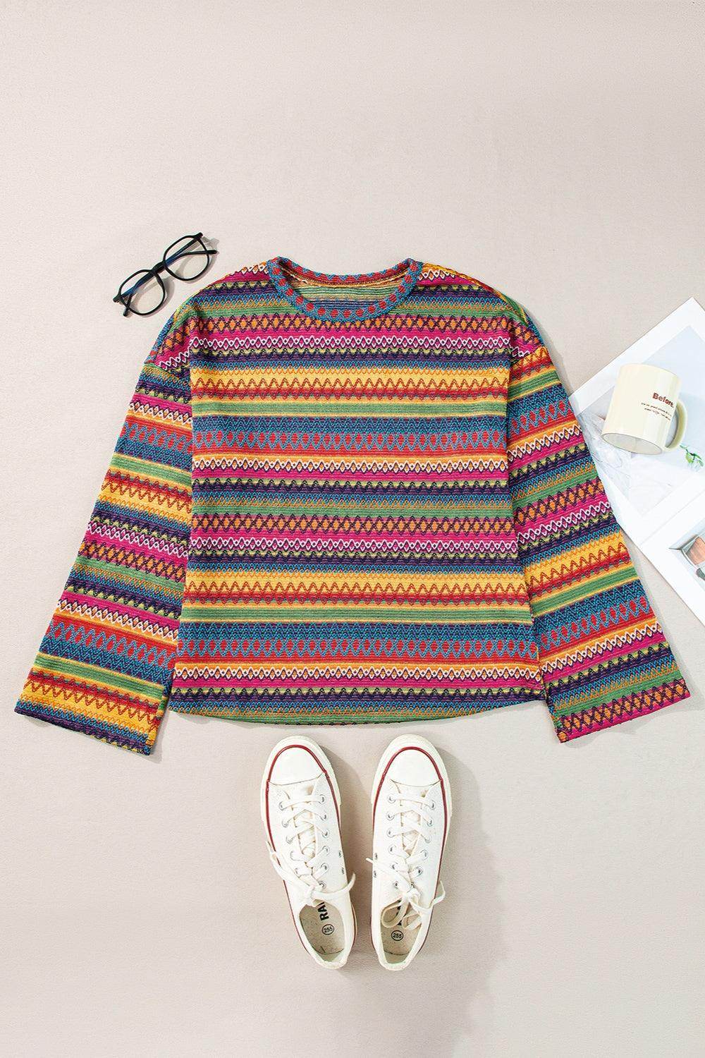 Contrast Round Neck Long Sleeve Top for Women Fashion - Selvanelle