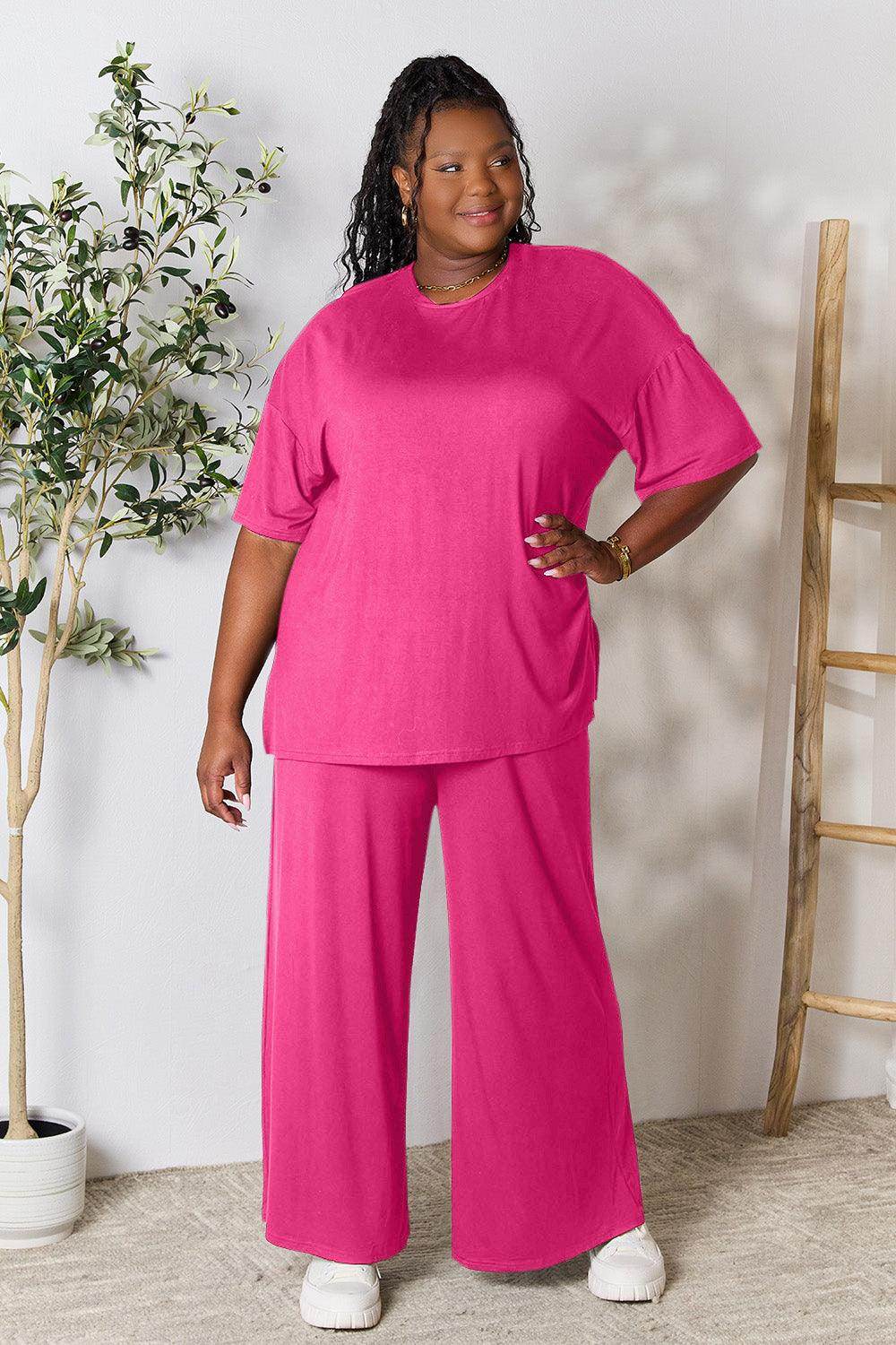 Double Take Full Size Round Neck Slit Top and Pants Set - Selvanelle
