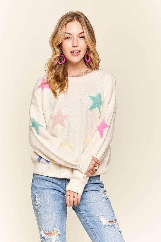 ADORA Stars Pattern Round Neck Drop Shoulder Sweater for Women - Selvanelle