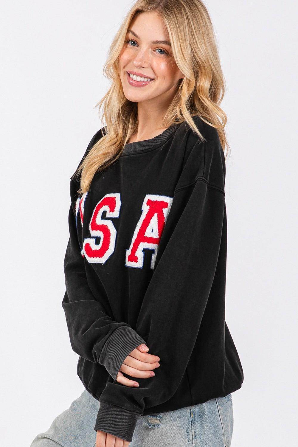 SAGE + FIG USA Letter Patch Round Neck Sweatshirt for Style - Selvanelle