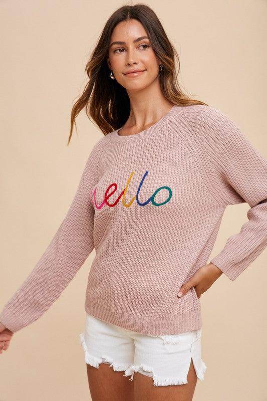 Annie Wear HELLO Embroidered Raglan Sleeve Sweater for Women - Selvanelle